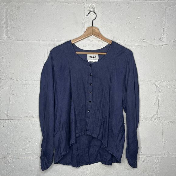 Flax Women's Blue Linen Button Long Sleeve Ruched Cuff Lagenlook Shirt Sz Small - Picture 1 of 5